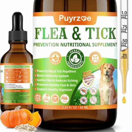 Puyrzoe Flea and Tick Support Drops for Dogs | 60ML Herbal Formula with Pumpkin Seed and Vitamins | Bacon Flavor | Suitable for All Breeds and Ages of Dogs