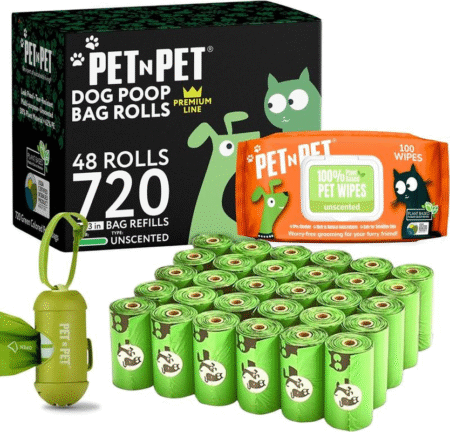 Pet N Pet 720 Count Unscented Dog Poop Bags, 38% Plant-Based & 62% PE + 100% Plant-Based Hypoallergenic Dog Wipes, 100 Count